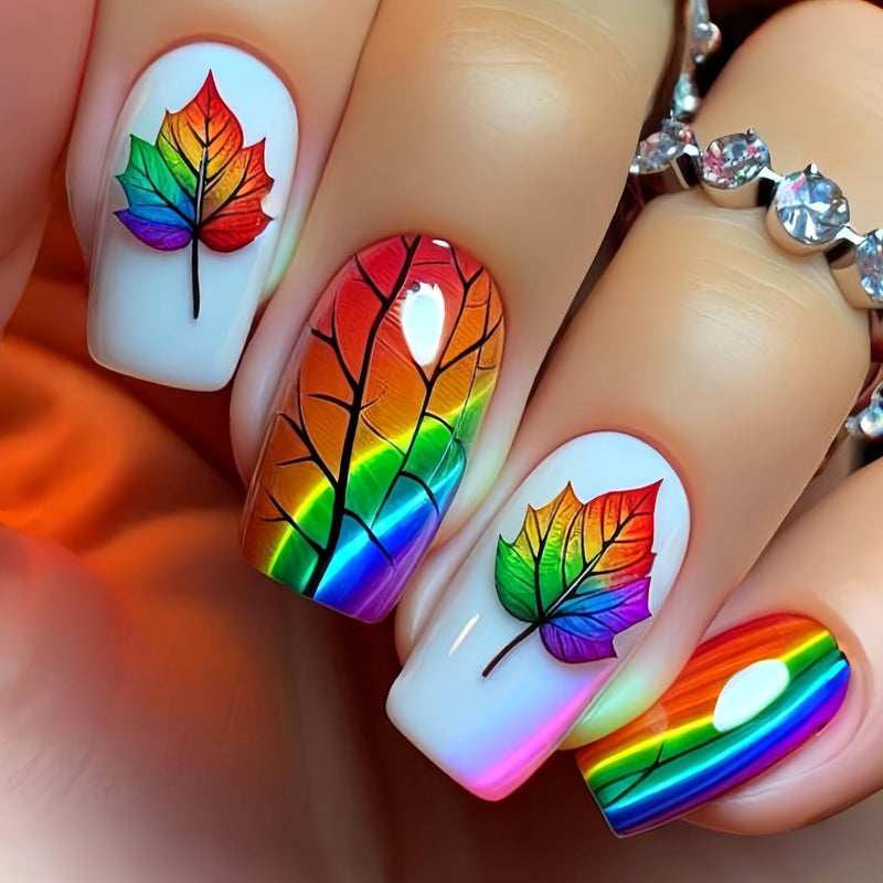 CJDLTS Thanksgiving Press on Nails Medium Square Gradient Maple Leaf False Nail Full Cover Glossy Fall Stick on Nails Colorful Stripes Leaf Design Artificial Fingernails Festival Glue on Nails for Women - Image 1
